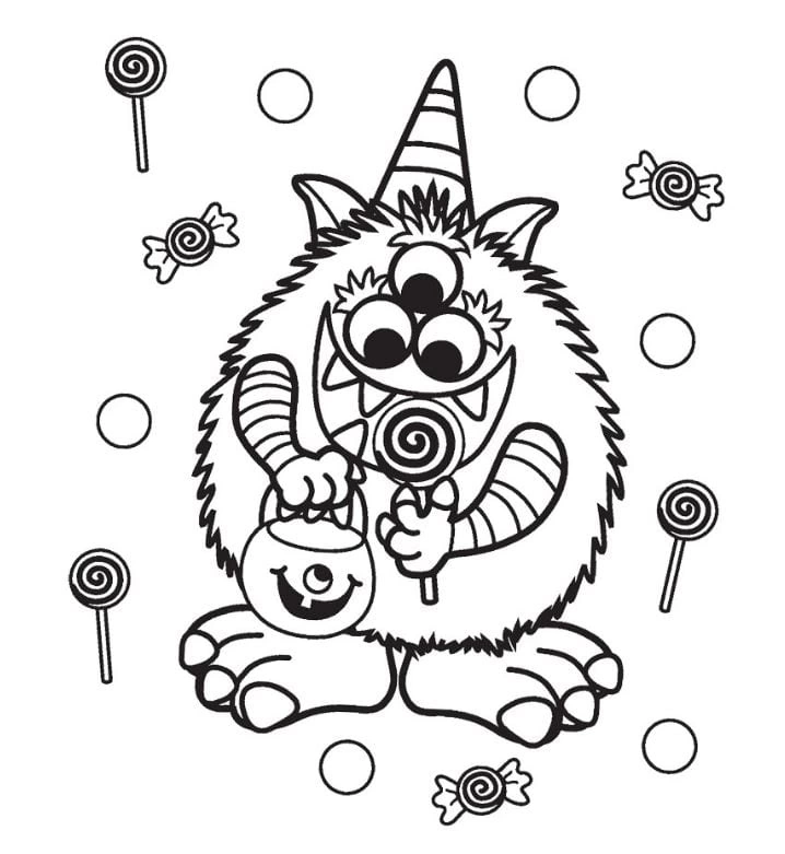 Coloring page monster with lollipops for Halloween